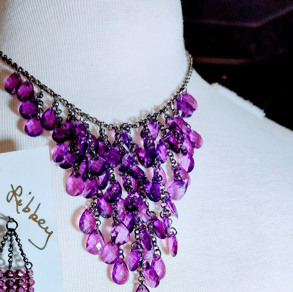 Purple Amethyst Statement Chandelier Necklace Earring Jewelry Lucite Set NWOT